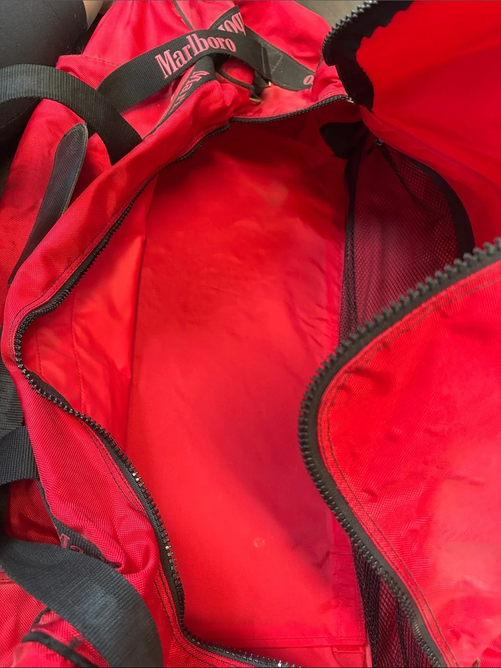 MARLBORO Vintage Red and Black Canvas Wheeled Duffel Bag with Logo Strap
